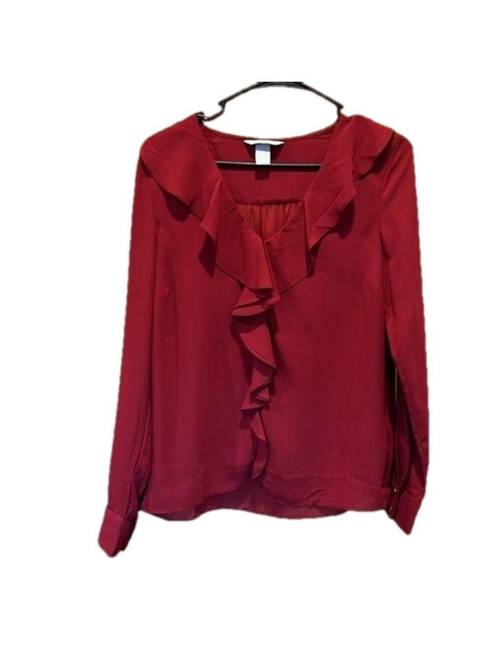 H&M Ruffled Dark Red V-Neck Long-Sleeve Blouse